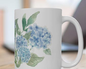 Watercolor Hydrangea Ceramic Coffee Mug: Floral Kitchen Decor