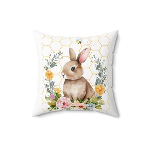 Watercolor Bunny Pillow | Floral Wreath, Honeycomb Accent image 2