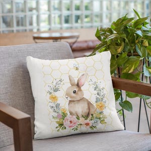 Watercolor Bunny Pillow | Floral Wreath, Honeycomb Accent image 4
