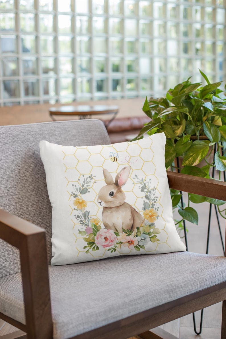 Watercolor Bunny Pillow | Floral Wreath, Honeycomb Accent image 4