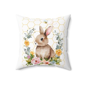 Watercolor Bunny Pillow | Floral Wreath, Honeycomb Accent image 3