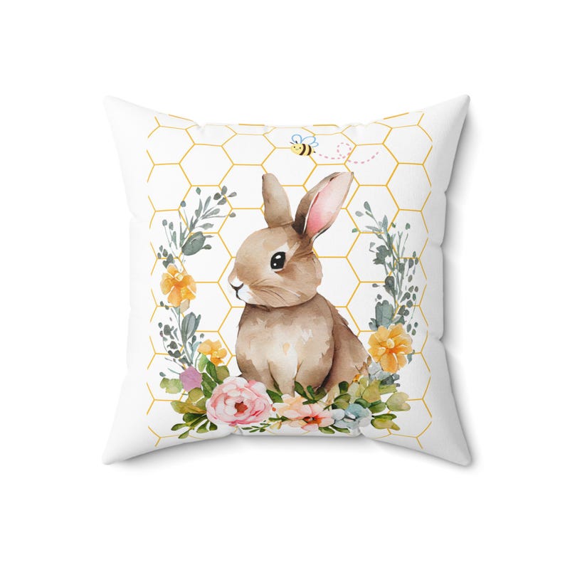 Watercolor Bunny Pillow | Floral Wreath, Honeycomb Accent image 3