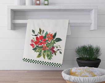 Watercolor Christmas Floral Kitchen Towel, Black & White Check Border