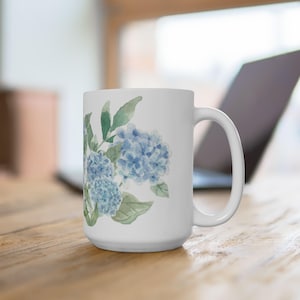 Hydrangea Ceramic Mug, Watercolor Floral Coffee Cup, Matching Towel Set, Gift for Gardeners, Floral Kitchen Decor, Spring Home Accessories