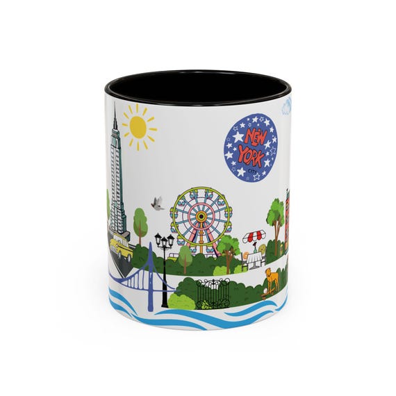 NYC Tourist Coffee Mug, Colorful Big Apple Skyline Souvenir