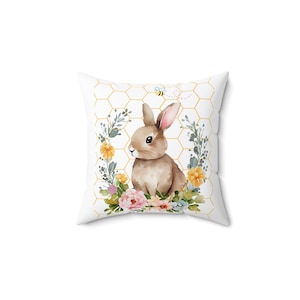 Watercolor Bunny Pillow | Floral Wreath, Honeycomb Accent image 1