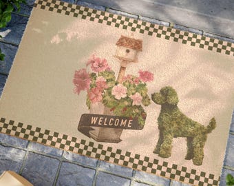 Topiary Doodle Welcome Doormat | Floral Birdhouse Porch Mat