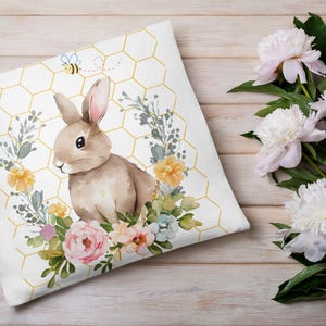 Watercolor Bunny Pillow | Floral Wreath, Honeycomb Accent image 5