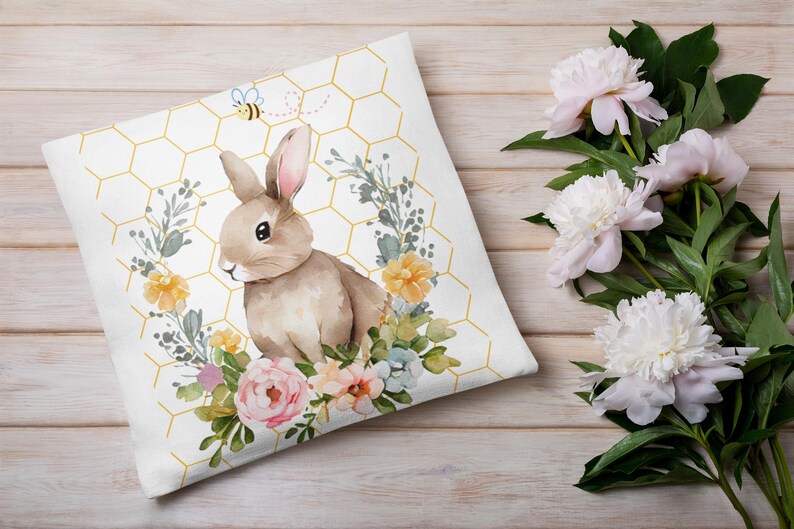 Watercolor Bunny Pillow | Floral Wreath, Honeycomb Accent image 5