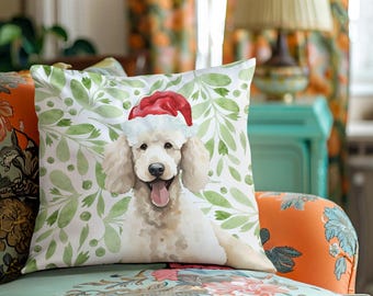 Personalized Holiday Dog Pillow, Watercolor Pet Portrait Pillow