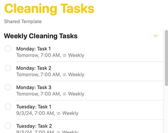 Peut inclure: Une capture d'écran d'une application mobile affichant une liste de tâches de nettoyage. L'application permet aux utilisateurs de créer un programme de nettoyage hebdomadaire avec des tâches pour chaque jour de la semaine. Les tâches peuvent être personnalisées avec un nom, une date et une heure. L'application permet également aux utilisateurs de créer une liste de tâches de nettoyage.