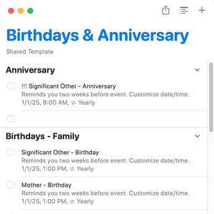 Puede incluir: Una captura de pantalla de una aplicación móvil que muestra una lista de cumpleaños y aniversarios. La aplicación permite a los usuarios configurar recordatorios para fechas importantes, como cumpleaños y aniversarios. La aplicación también permite a los usuarios personalizar la fecha y la hora de los recordatorios.