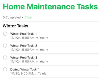 Peut inclure: Une capture d'écran d'une application de liste de tâches avec le titre "Tâches d'entretien de la maison". La liste est divisée en deux sections : "Tâches d'hiver" et "Tâches pendant l'hiver". Chaque tâche a une case à cocher, un titre, une date, une heure et une fréquence de rappel.