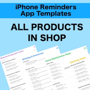 May include: A digital image showing iPhone reminder app templates for different categories, including workout and hydration, birthdays and anniversary, home maintenance, and cleaning tasks. The templates are color-coded and include a list of tasks with dates and times.