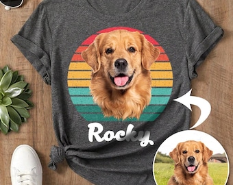 Personalized Dog Face Shirt, Custom Pet Portrait T-Shirt, Golden Retriever Vintage Sunset Tee with Name