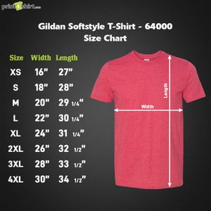 May include: A red Gildan Softstyle T-Shirt with a size chart. The chart shows measurements for sizes XS to 4XL, with widths ranging from 16 inches to 30 inches and lengths from 27 inches to 34 1/2 inches. The shirt is displayed on a black background.