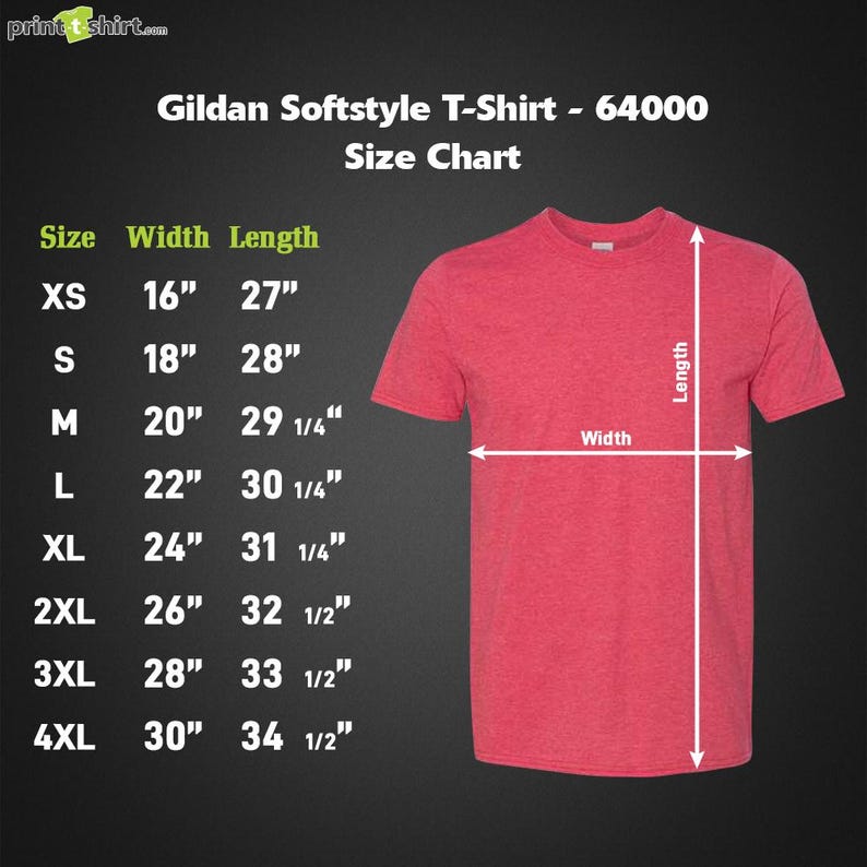 May include: A red Gildan Softstyle T-Shirt with a size chart. The chart shows measurements for sizes XS to 4XL, with widths ranging from 16 inches to 30 inches and lengths from 27 inches to 34 1/2 inches. The shirt is displayed on a black background.