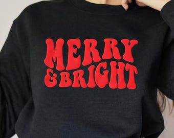 Embossed Christmas Sweatshirt,  Christmas Shirts, Embossed Merry and Bright Shirt, Merry Christmas Crew-neck, Cute Winter Sweater Merry tee
