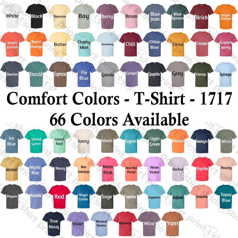 May include: A color chart of Comfort Colors T-shirts, showcasing 66 available hues. Each shirt is displayed with its color name, ranging from classic shades like black and white to vibrant options such as neon pink and topaz blue. The text "Comfort Colors - T-Shirt - 1717" is also visible.