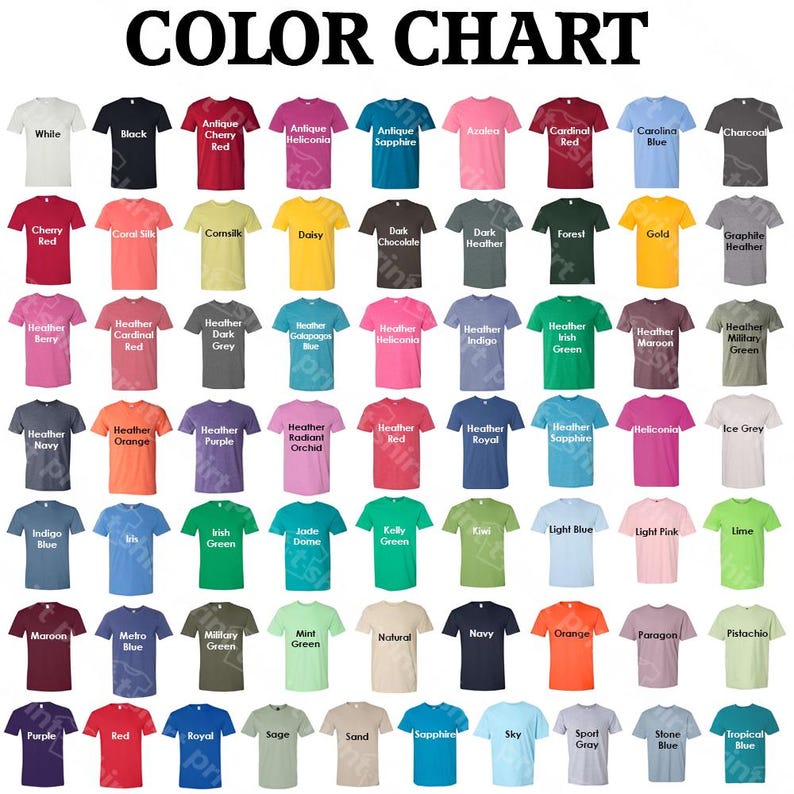 May include: A color chart displaying a variety of t-shirt colors. The chart includes colors such as white, black, red, blue, green, and more. Each shirt has a color name printed above it.