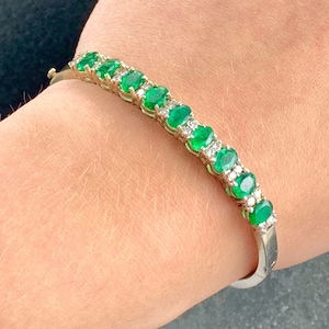 Vintage Emerald and Diamond White Gold Hinged Bracelet