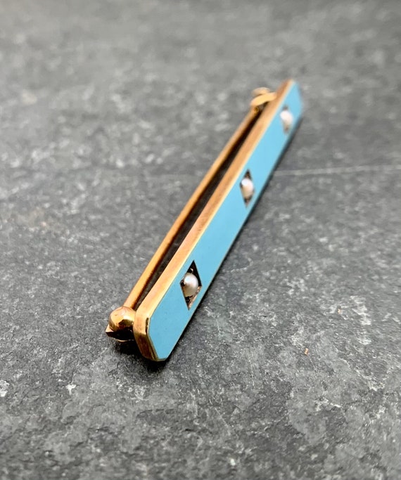 14k Yellow Gold and Bright Baby Blue Enamel Bar P… - image 2