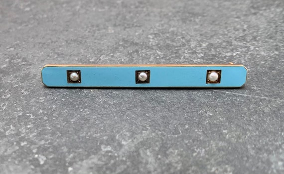 14k Yellow Gold and Bright Baby Blue Enamel Bar P… - image 1