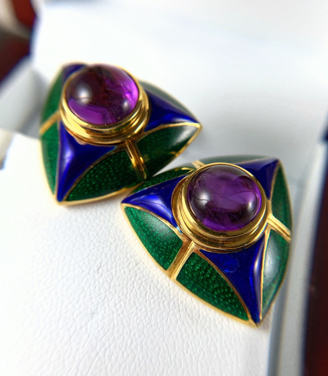MAVITO 18 Karat Yellow Gold Earrings With Amethyst Center Blue
