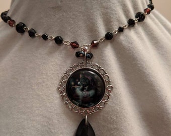 Handmade Necklace Cat Cameo Cabochon Pink White Silver Brass Oval Mount Brass Chain 32 Inch Length Lobster Claw Oscarcrow