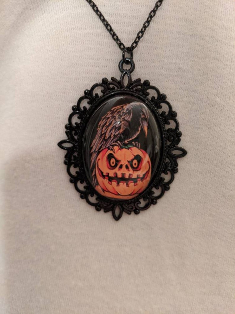 Halloween crow raven pumpkin glass cameo necklace