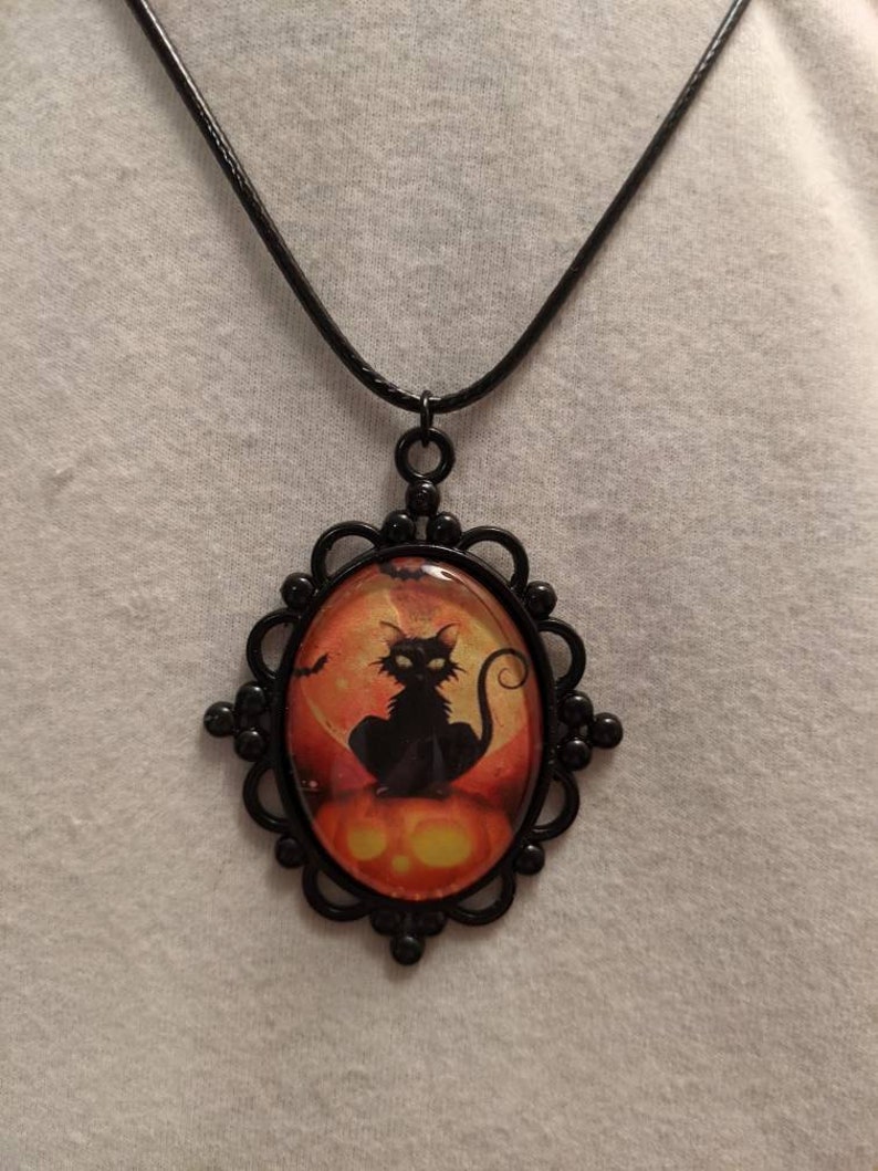 Halloween black cat moon pumpkin glass cameo necklace
