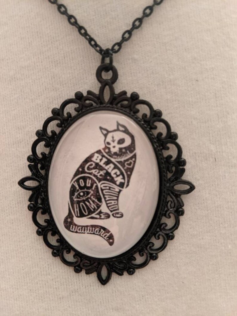 Halloween black cat skull glass cameo necklace