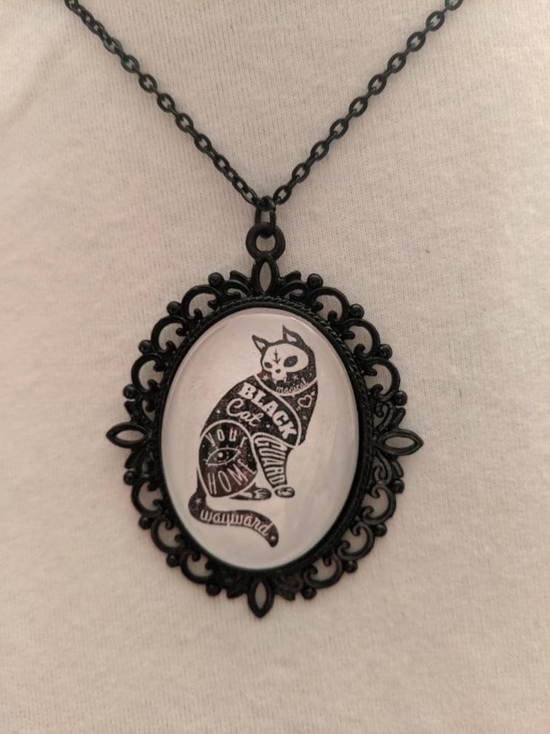 Halloween black cat skull glass cameo necklace