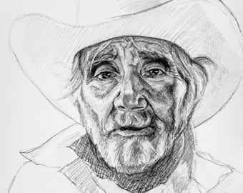 A Gentle Hand, Cowboy Portrait, Western Wall Art, Fine Art Print, Graphite Drawing, Unframed