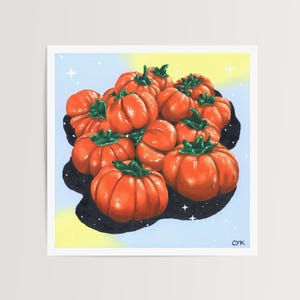 May include: A cluster of orange pumpkins with green stems, painted in a realistic style against a blue and yellow background with white stars.