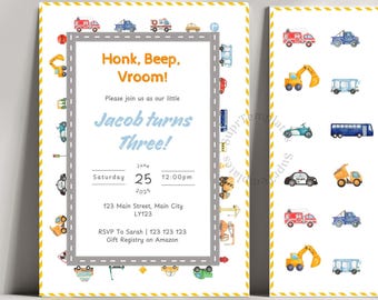 Transportation Birthday Invitation: Cars Trucks Trains Boys Party | Editable Canva Template, Printable, Instant Download