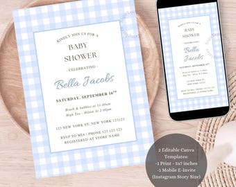 Blauwe gingang babyshoweruitnodiging: klassiek geruit jongensthema | Bewerkbare canvassjabloon, afdrukbaar, direct downloaden