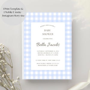 Blaue Gingham-Babyparty-Einladung, klassische Junge-Baby-Dusche einladen, elegante Baby-Dusche einladen, blaue Dusche, sofortiger digitaler Download