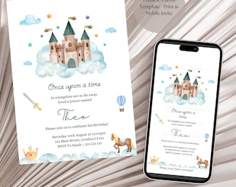 Little Prince Birthday Invitation: Royal Castle Boys Party | Editable Canva Template, Mobile Invite, Printable, Instant Download