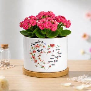 May include: A white ceramic planter with a wooden base containing a vibrant pink Kalanchoe plant. The planter features a printed design of two nested heart shapes formed by red flowers, butterflies, and the names Grandma, Mom, Julia, Olivia, and others.