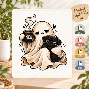 Könnte beinhalten: Eine digitale Illustration eines weißen Geistes, der eine schwarze Tasse mit der Aufschrift MEH und aufsteigendem Dampf hält, während er einen kleinen schwarzen Mops umarmt. Das Design enthält ein kleines schwarzes Herz und digitale Dateien.