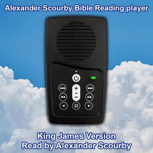 May include: Black handheld audio player with a speaker, buttons, and a display screen. The player is labeled "King James Version Read by Alexander Scourby".