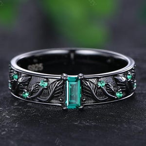 Anel de noivado masculino exclusivo com esmeralda, ouro negro, esmeralda, aliança de casamento combinando, promessa, pedra de nascimento, presente para ele, presente de aniversário personalizado