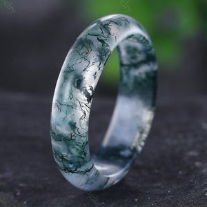 Vintage 6mm green moss agate wedding band mens natural moss agate ring women anniversary gift for him her dainty unique engagement ring