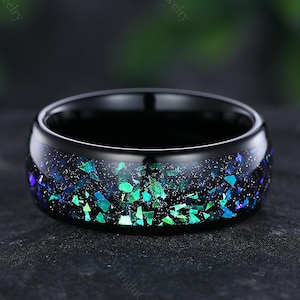 Unique Black Fire Opal Mens Wedding Band 8mm Fire Opal Tungsten Carbide Ring Black Gold Promise Ring Engagement Ring Anniversary Gift Custom