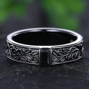 Mens Black Onyx Wedding Band Art Deco Leaf Design Band Gothic Black Gold Black Onyx Ring Unique Nature Inspired Black Onyx Engagement Band