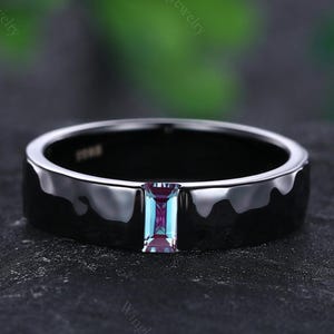 Unique Blue Alexandrite Wedding Band Hammered Leaf Design Band Nature Inspired Alexandrite Band Matching Ring 5mm Black Gold Ring Custom