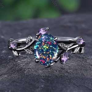 Vintage Black Fire Opal Engagement Ring Gothic Black Gold Wedding Ring Natural Inspiration Amethyst Promise Ring Anniversary Gift for Her