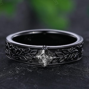Unique Black Rutilated Quartz Wedding Ring 4mm Black Gold Men&#39;s Ring Art Deco Leaf Design Ring Nature Inspired Black Rutilated Quartz Ring