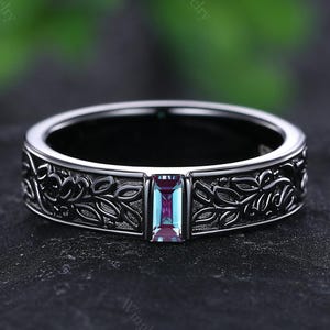 Mens Square Cut Alexandrite Wedding Band Art Deco Leaf Design Band 5mm Black Gold Ring Unique Nature Inspired Alexandrite Band Gift For Him